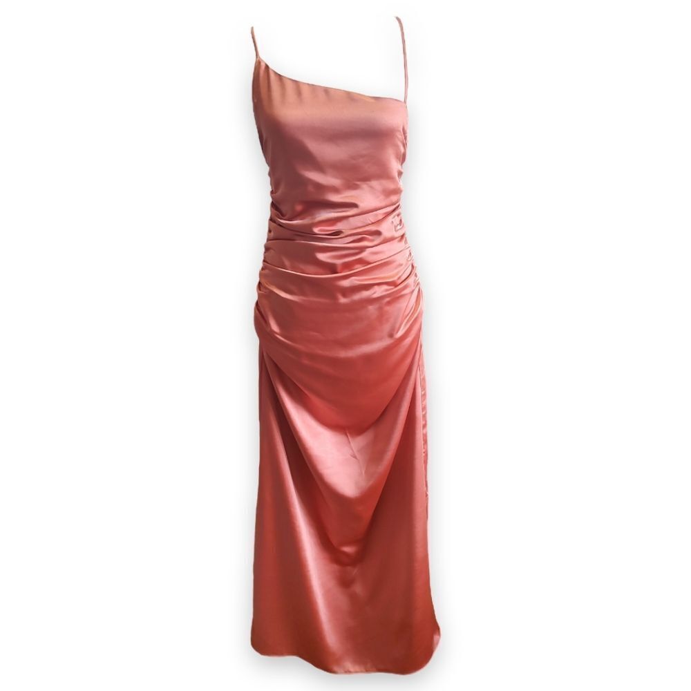 Line and Dot REVOLVE Champagne Pink Satin Asymmetrical Satin Draped Maxi